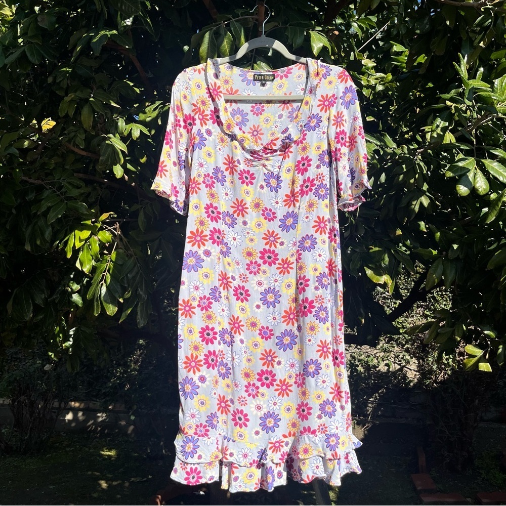 VINTAGE grey multicolor floral‎ psychedelic print ruffle scoop neck midi dress